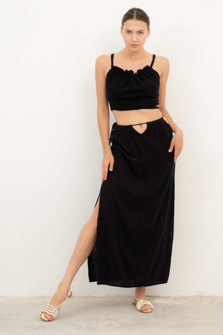 Long Skirt with Slits at Waist and Hem - Black / Standard - Skirt