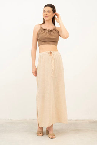 Long Skirt with Slits at Waist and Hem - Beige / Standard - Skirt