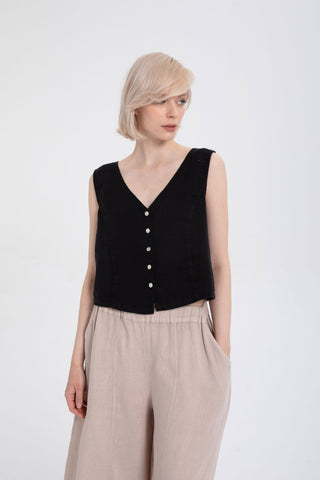 Raw Linen Buttoned Waistcoat - Black / S/M - Vest