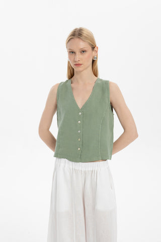 Raw Linen Buttoned Waistcoat - Moss Green / S/M - Vest