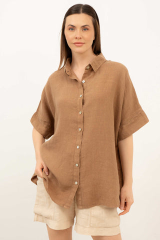 Pure Linen Short Sleeve Oversize Shirt - Brown / Standard - Shirt