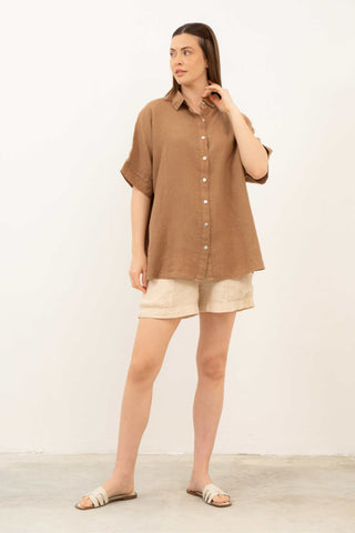 Pure Linen Short Sleeve Oversize Shirt - Shirt