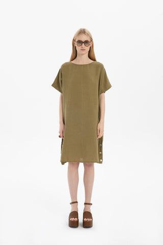 Linen Oversize Midi Length Dress - Khaki / Standard - Dress