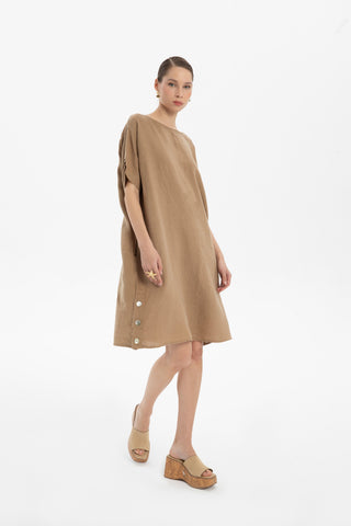 Linen Oversize Midi Length Dress - Coffee / Standard - Dress