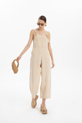 Linen Kangaroo Pocket Sleeveless Jumpsuit - Beige / S/M - Jumpsuit
