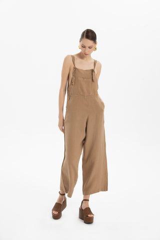 Linen Kangaroo Pocket Sleeveless Jumpsuit - Brown / S/M - Jumpsuit