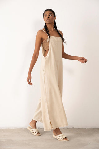 Woven Wide Leg Sleeveless Jumpsuit - Beige / Standard - Jumpsuit