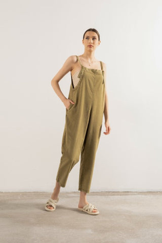 Woven Slim-Fit Sleeveless Jumpsuit - Khaki / Standard - Jumpsuit