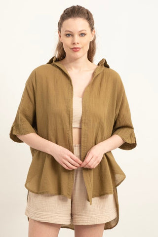 Thin Buttonless Oversize Shirt - Khaki / Standard - Shirt