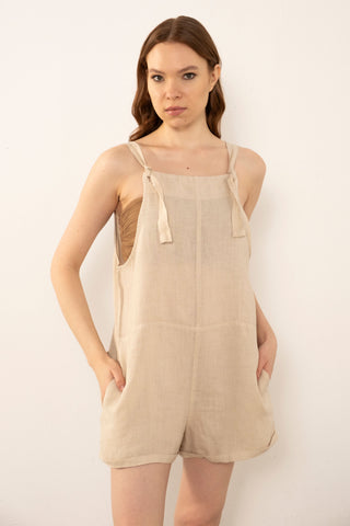 Pure Linen Pocketed Short Sleeveless Jumpsuit - Jumpsuit