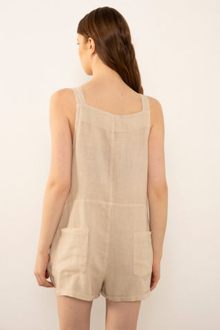 Pure Linen Pocketed Short Sleeveless Jumpsuit - Jumpsuit