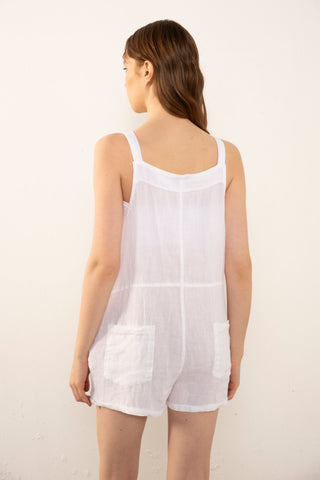 Pure Linen Pocketed Short Sleeveless Jumpsuit - Jumpsuit