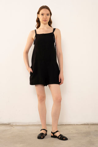 Pure Linen Pocketed Short Sleeveless Jumpsuit - Black / S/M - Jumpsuit