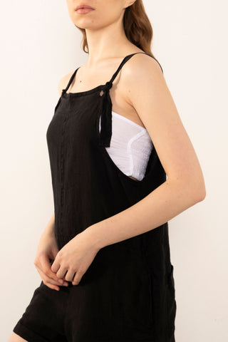 Pure Linen Pocketed Short Sleeveless Jumpsuit - Jumpsuit