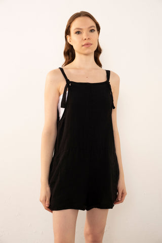 Pure Linen Pocketed Short Sleeveless Jumpsuit - Jumpsuit