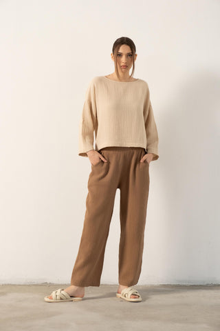 Muslin Boat Neck Long Sleeve Blouse