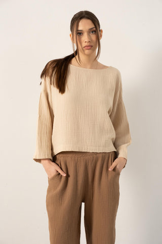 Muslin Boat Neck Long Sleeve Blouse