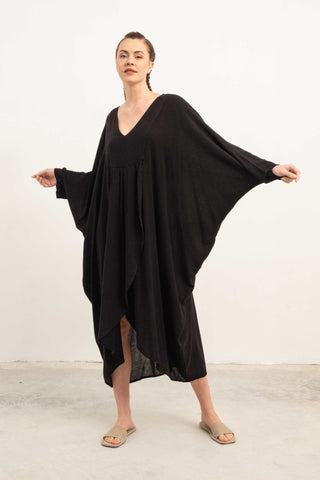 Linen Blend Wrap Batwing Dress