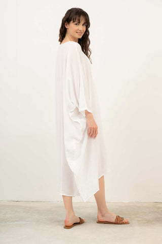 Linen Blend Wrap Batwing Dress