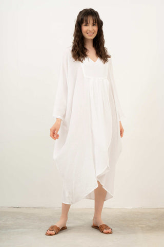 Linen Blend Wrap Batwing Dress