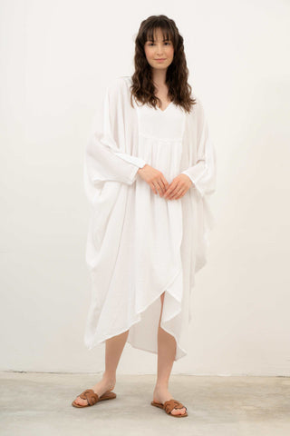 Linen Blend Wrap Batwing Dress