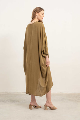 Linen Blend Wrap Batwing Dress