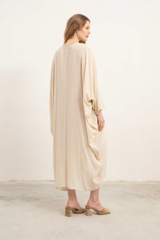 Linen Blend Wrap Batwing Dress