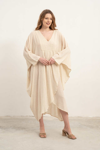 Linen Blend Wrap Batwing Dress