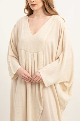 Linen Blend Wrap Batwing Dress