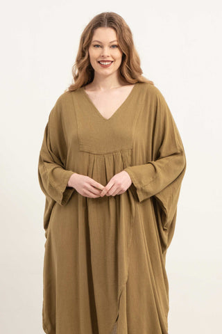 Linen Blend Wrap Batwing Dress