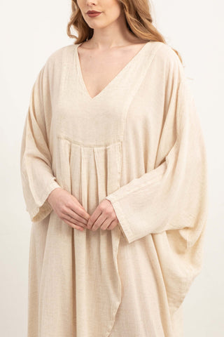 Linen Blend Wrap Batwing Dress - Dress