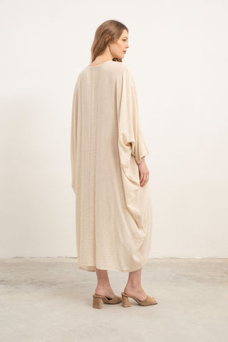 Linen Blend Wrap Batwing Dress - Dress