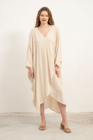 Linen Blend Wrap Batwing Dress - Dress