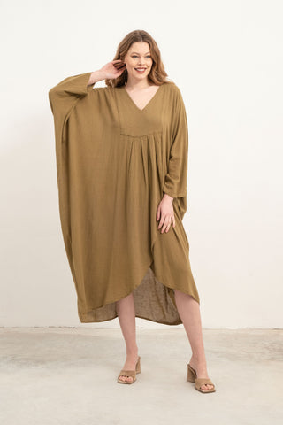 Linen Blend Wrap Batwing Dress - Dress