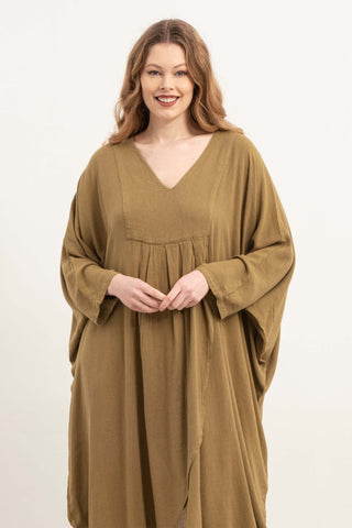 Linen Blend Wrap Batwing Dress - Dress