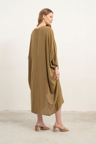 Linen Blend Wrap Batwing Dress - Dress
