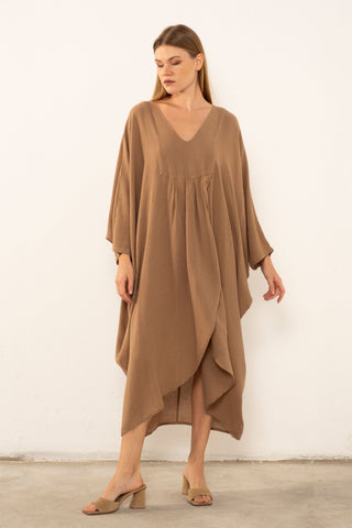 Linen Blend Wrap Batwing Dress - Khaki / Standard - Dress