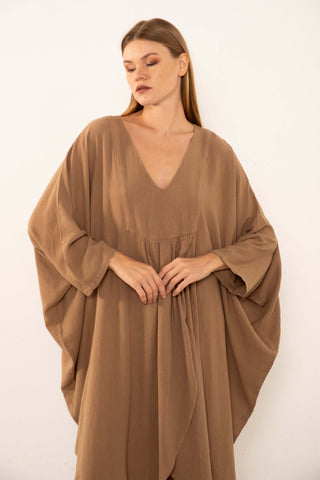 Linen Blend Wrap Batwing Dress - Dress