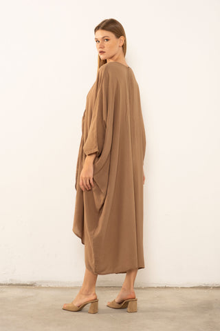 Linen Blend Wrap Batwing Dress - Dress