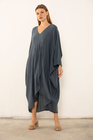 Linen Blend Wrap Batwing Dress - Dress