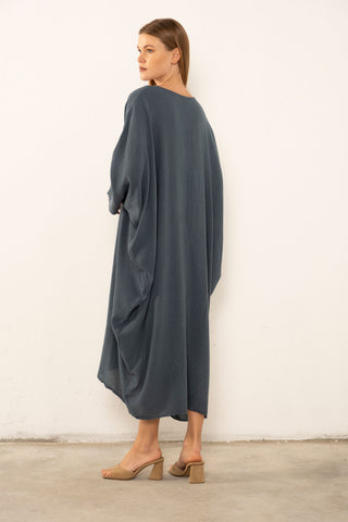 Linen Blend Wrap Batwing Dress - Dress