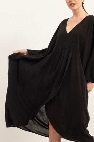Linen Blend Wrap Batwing Dress - Dress