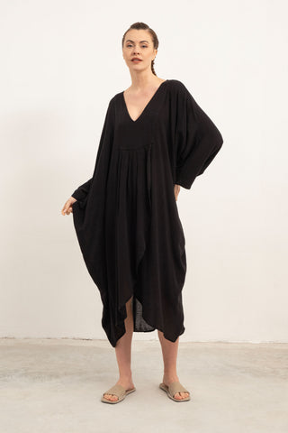 Linen Blend Wrap Batwing Dress - Dress