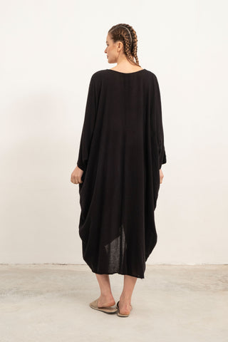 Linen Blend Wrap Batwing Dress - Dress
