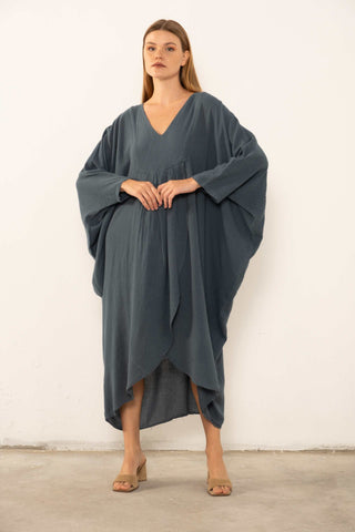 Linen Blend Wrap Batwing Dress