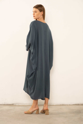 Linen Blend Wrap Batwing Dress