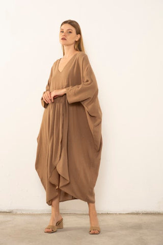 Linen Blend Wrap Batwing Dress