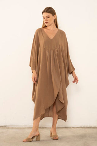 Linen Blend Wrap Batwing Dress