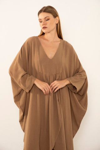 Linen Blend Wrap Batwing Dress