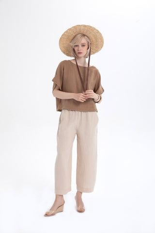 Raw Linen Palazzo Trousers - Beige / S/M - Trousers